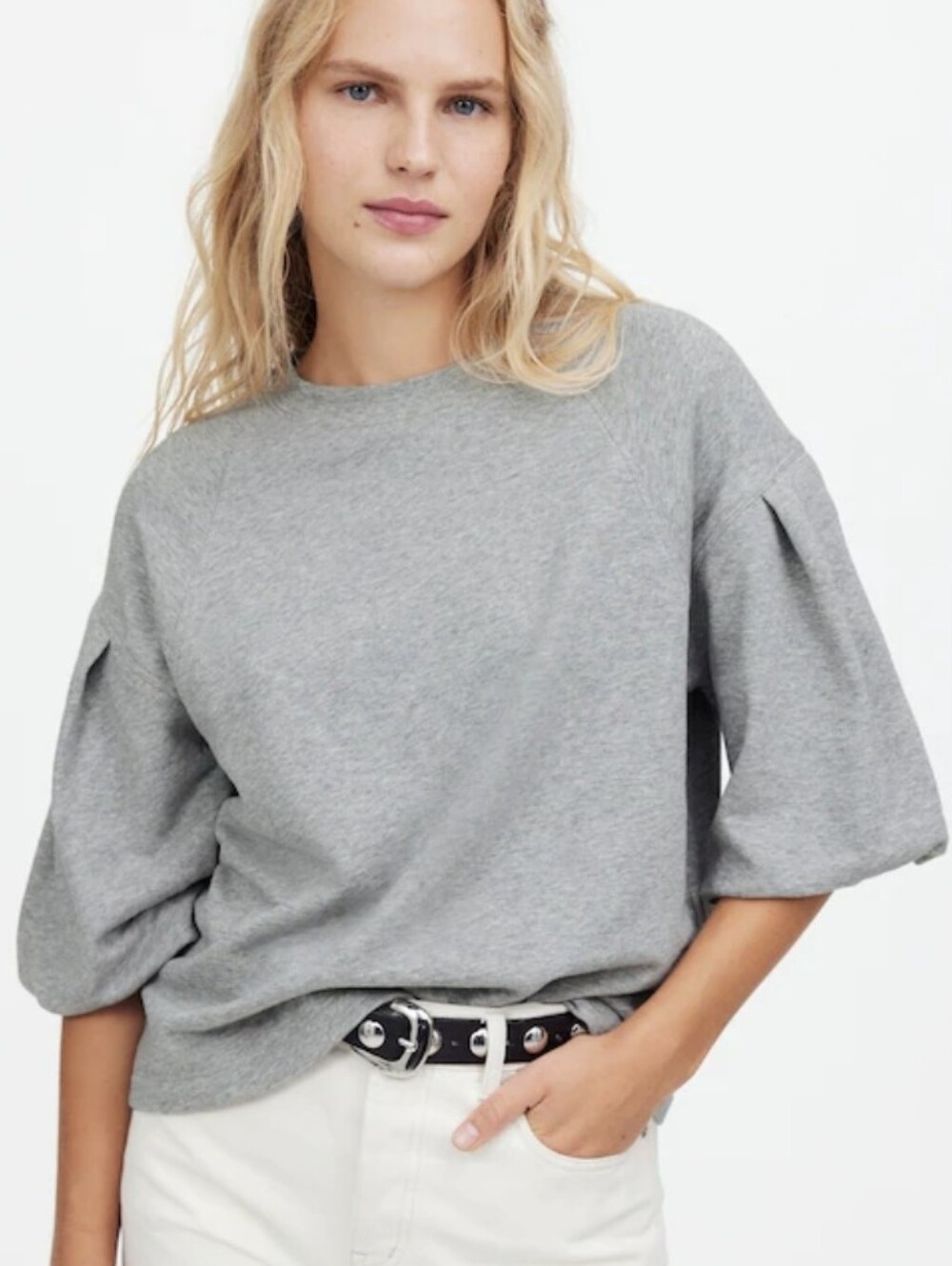 Madewell Puff-Sleeve Sweatshirt Tee Sz M Grey Cotton-Blend Fleece Crewneck Boxy